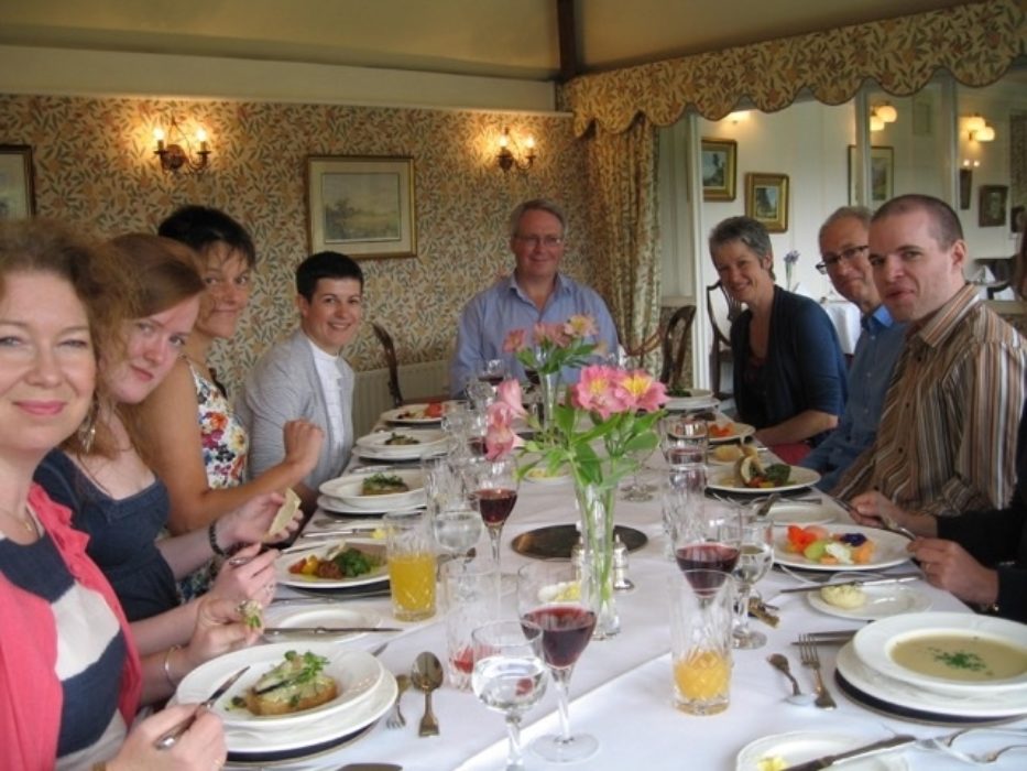 Staff members old and current out for dinner.