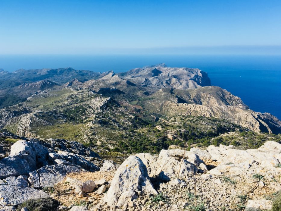 The southernmost part of Serra de Tramuntana seen from the 928m summit of Mola de s’Esclop. day two. The summit is slightly of route, but can easily be climbed on a 30min detour. The views from the summit are spectacular.