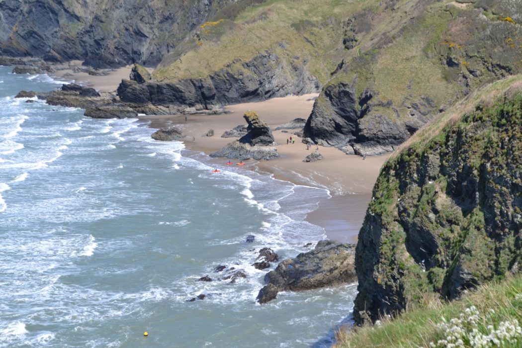 The rock stack of Carreg Bica at Llangrannog can be visited at low tide