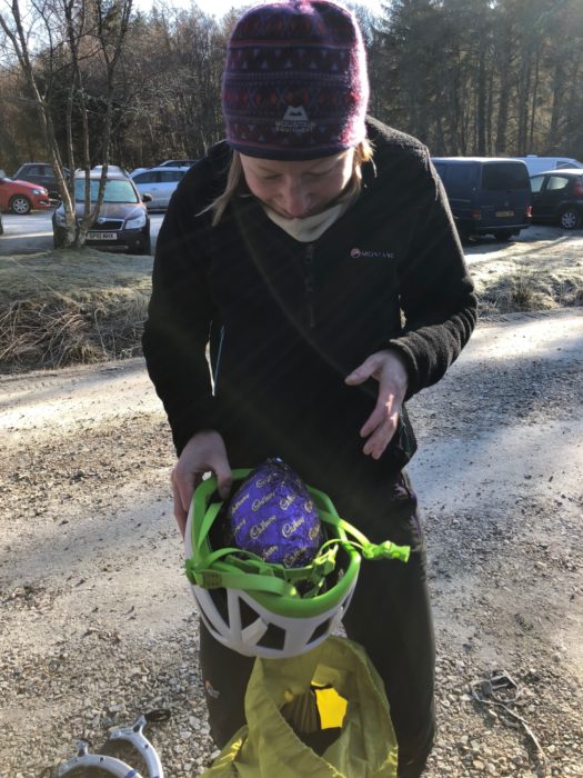 Carefully protecting the Easter egg for the walk in to Ben Nevis