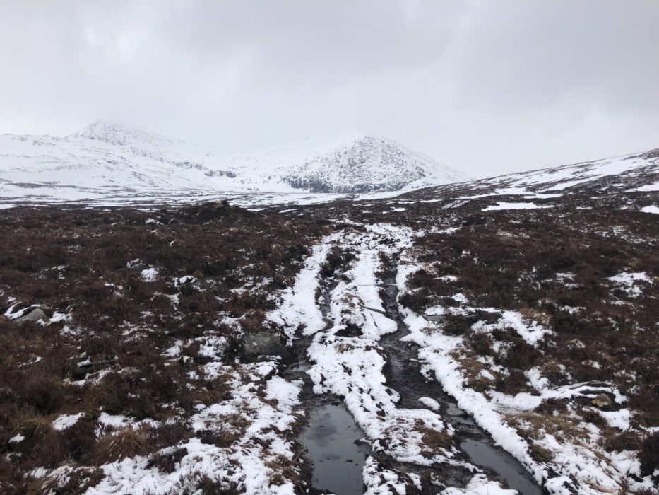The boggy track leading into the Fannicks