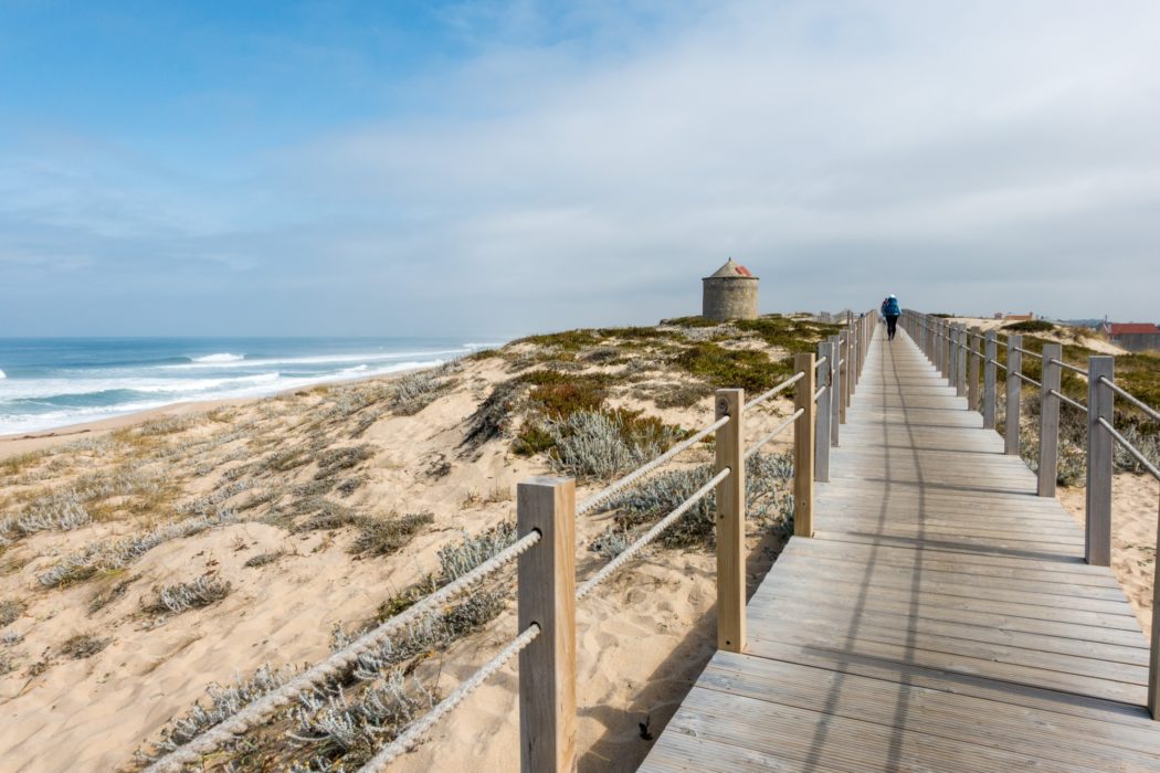 Coastal Camino: Boardwalk Pilgrims And A Muino Windmill Between Povoa De Varzim And Agucadoura