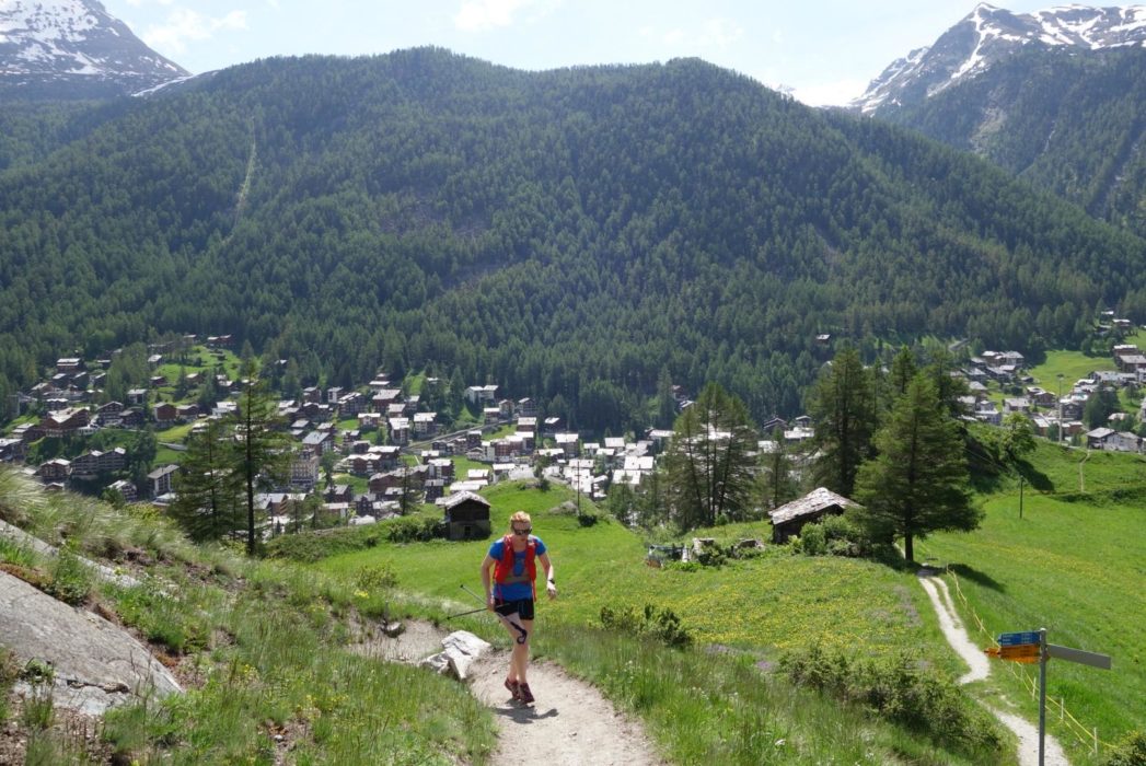 With conditions too bad for alpine climbing, we went running instead. Here, we ascend the beautiful path up to Trift