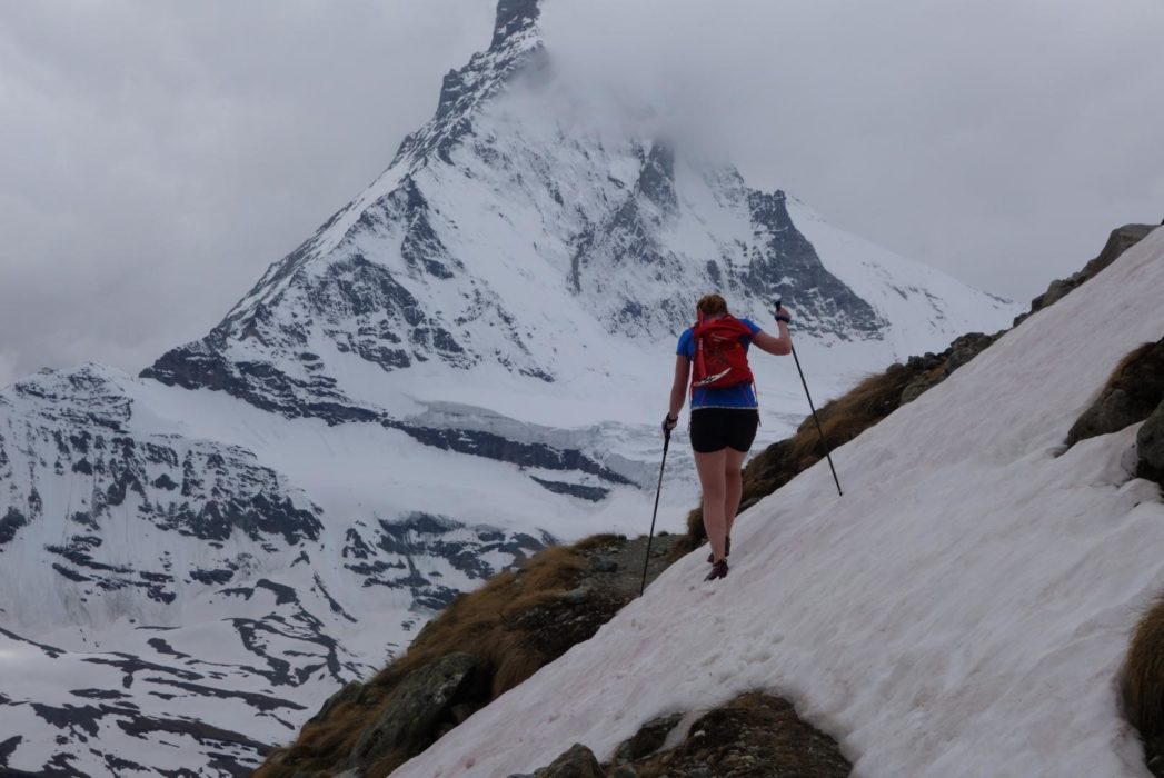 Crossing the snow patches at around 2600m with the Matterhorn behind
