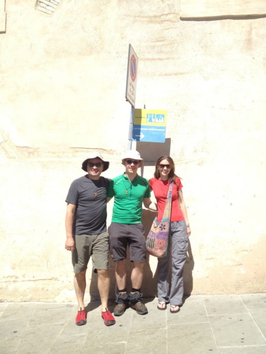 We pause for a photo in Assisi before starting the very first day of the Way of St Francis/Via di Francesco with (left): the author, Sebastian of Germany, Jacqueline of Austria. (Way of St Francis/Via di Francesco)