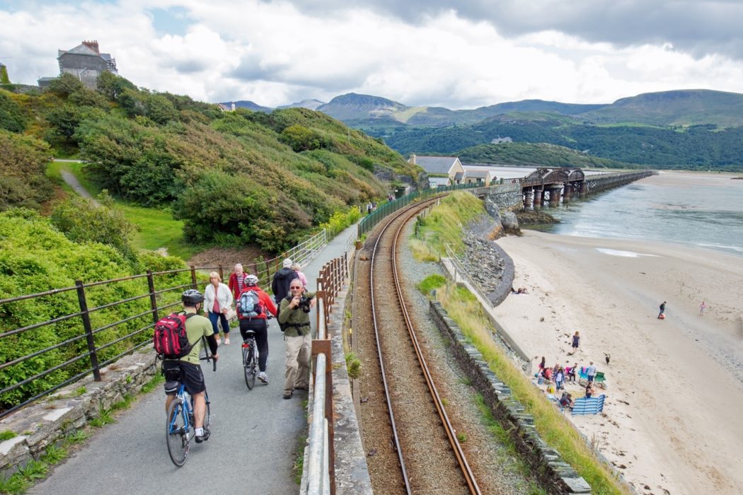 Looking south from Barmouth along the viaduct across the Mawddach Estuary