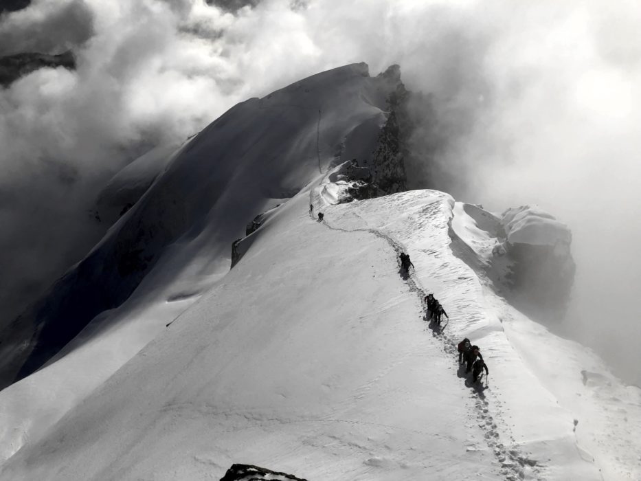 Ahead of some teams on the Hohlaubgrat on the Allalinhorn. Although we were enveloped in cloud on the summit, the views during the climb were spectacular