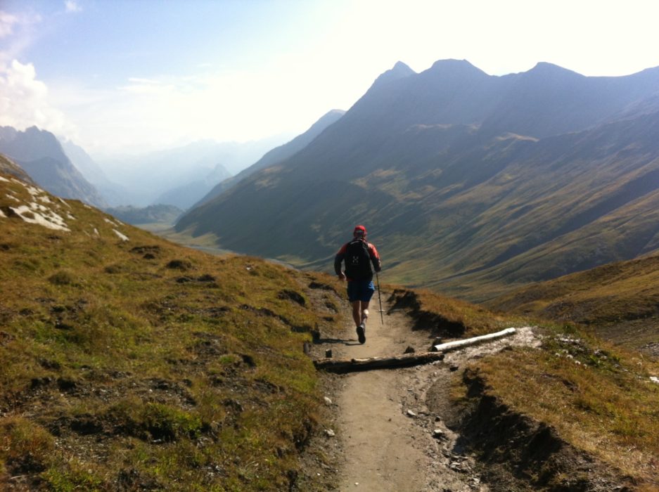 Fantastic running on the descent from Col de la Seigne. Tour du Mont Blanc, France.