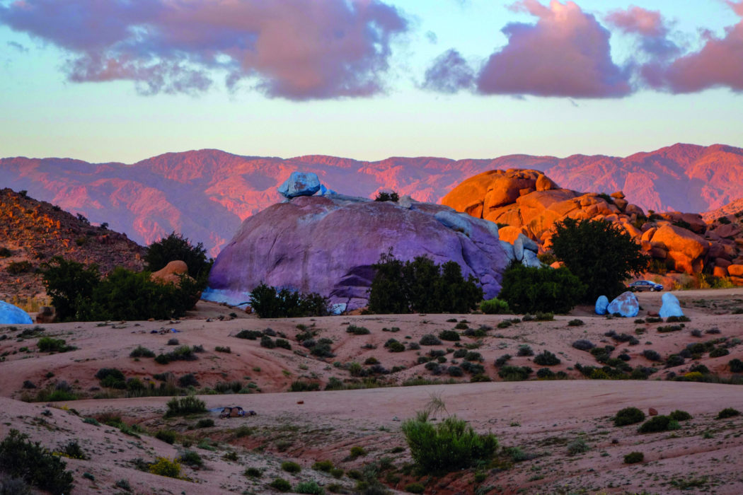 Looking past the ‘painted rocks’ south of Toubkal in the early evening