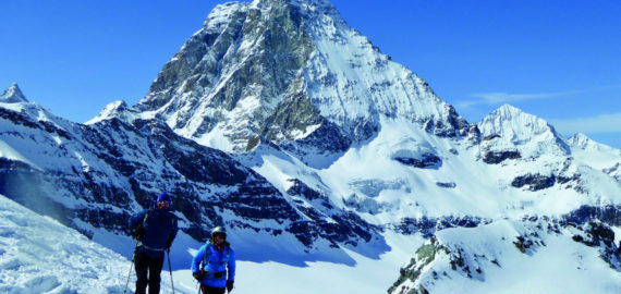 Ben Holt and Sallie O’Connor descend the Unterer Theodulgletscher below the Matterhorn