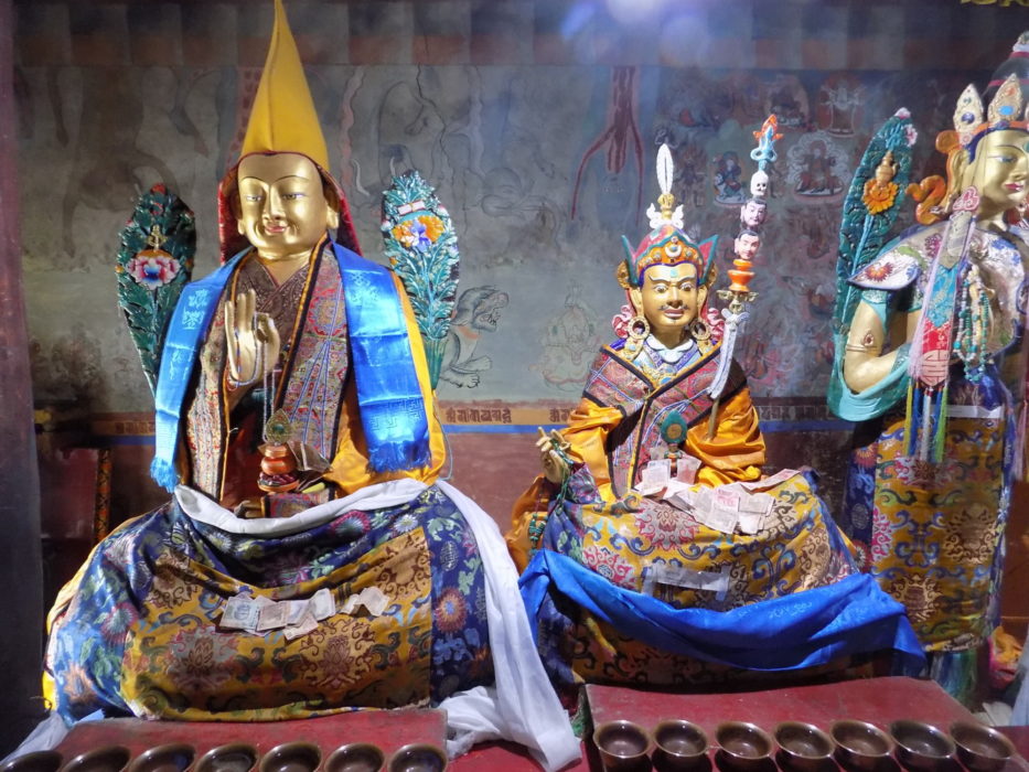 Thikse icons; Tsong Khapa (left), who founded the Buddhist Gelugpa sect associated with the Dalai Lama, and Guru Rinpoche (centre), the founder of the earliest school of Buddhism, the Nyingmapa sect