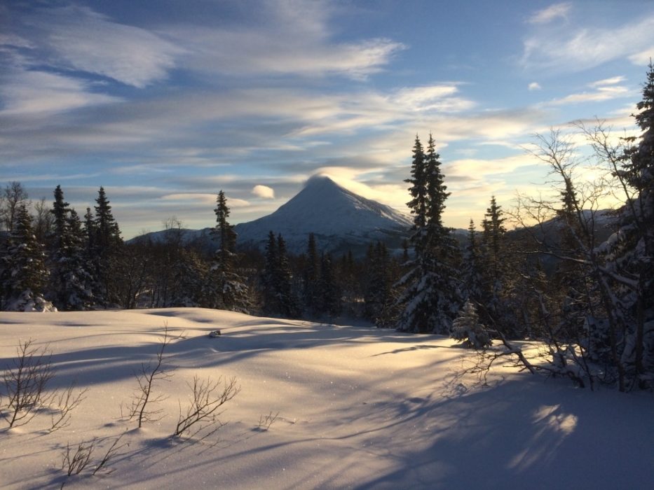 The mid-winter afternoon sun beginning to set over the Telemark plateau and summit of Gaustatoppen (1,883m).