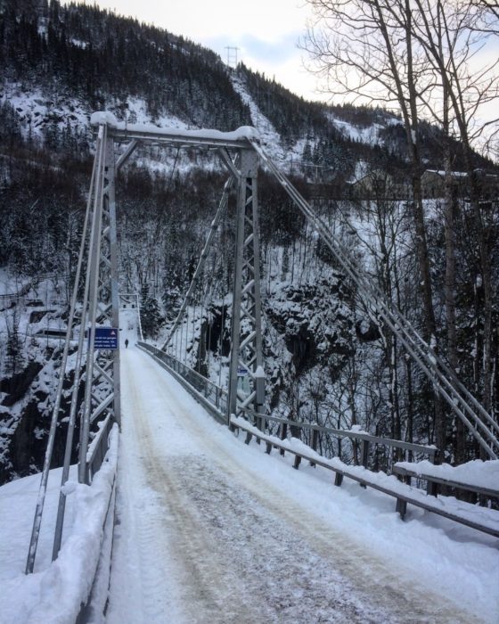The entrance bridge to the Vemork hydroelectric power plant, spanning 75m across the 200m deep ravine.