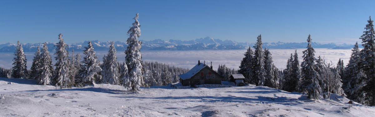 Mont Blanc and the Alpine chain behind the CAS Cabane de Cunay, Swiss Jura