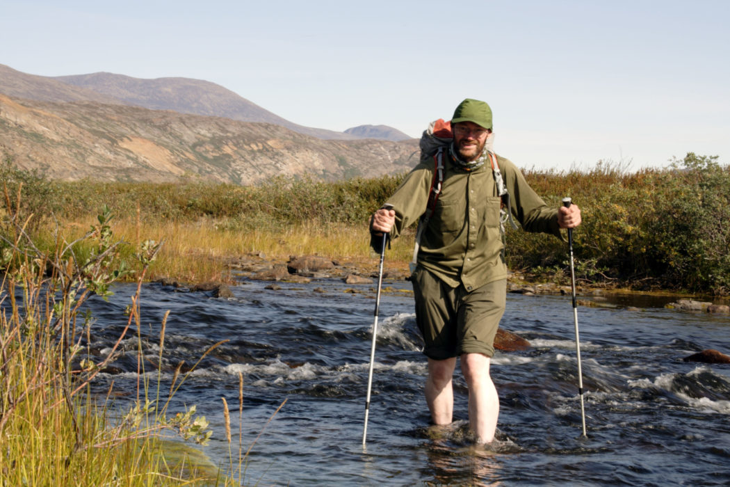 08B The author wading across the largest river on the trail at Itinneq