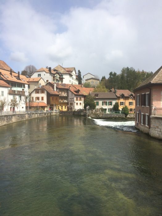 015 Vallorbe town centre and the river L'Orbe, the town being defended by Fort Pre-Giroud