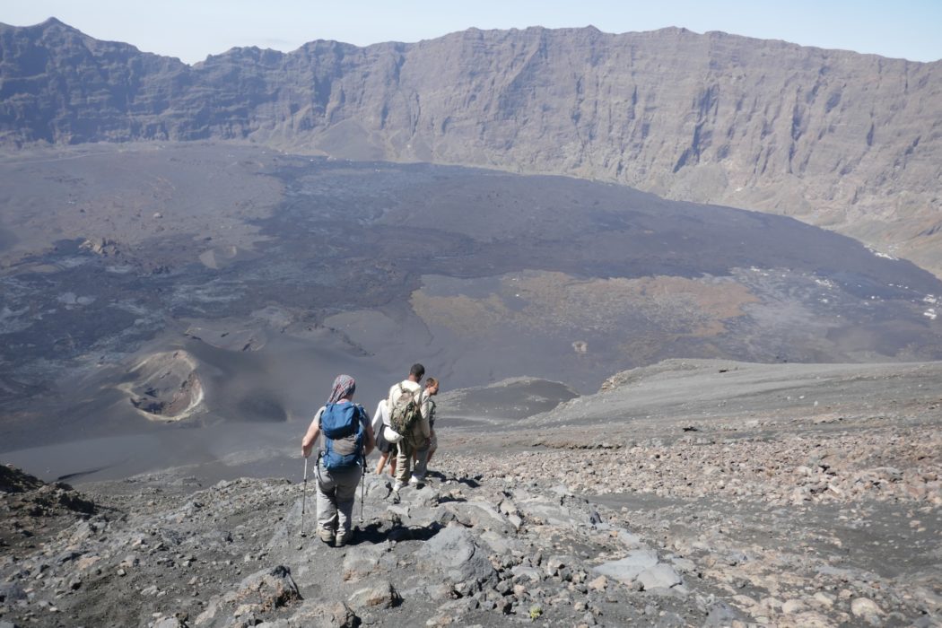 2-06 Descending Pico de Fogo with lava from the 2014 eruption spread across the old caldera
