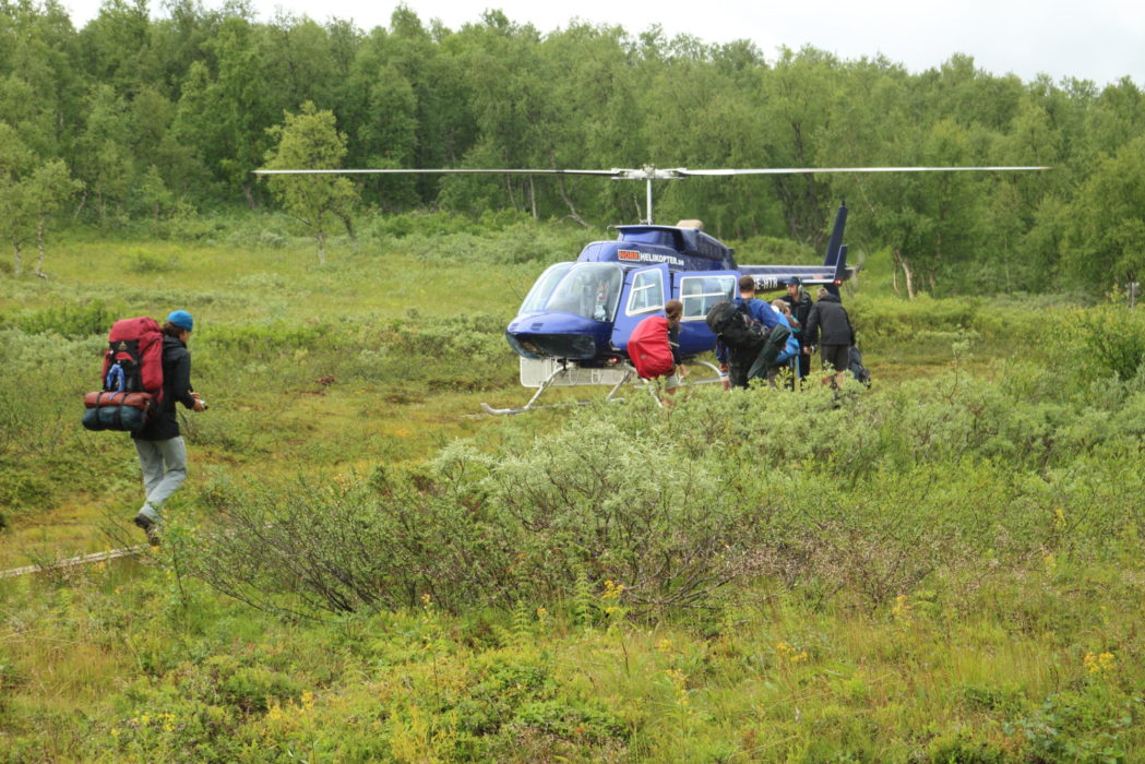 Some fjällstugor have scheduled helicopter services such as seen here at Tärnasjö
