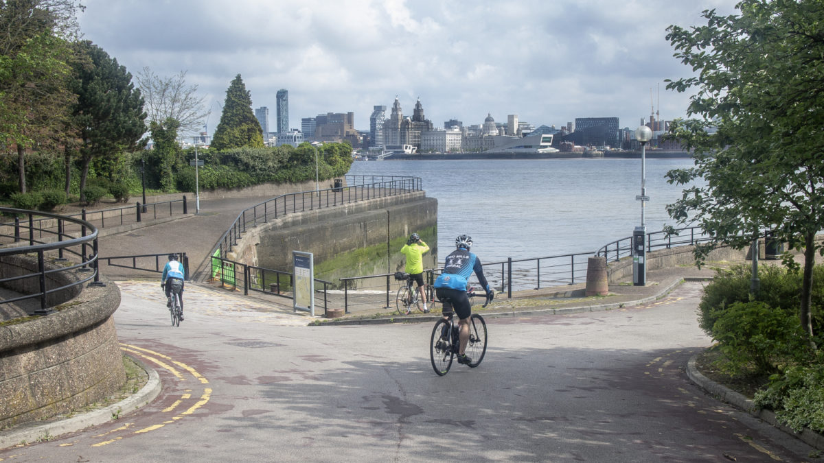 Stopping for a photo of the Liverpool Waterfront on our way to the ferry