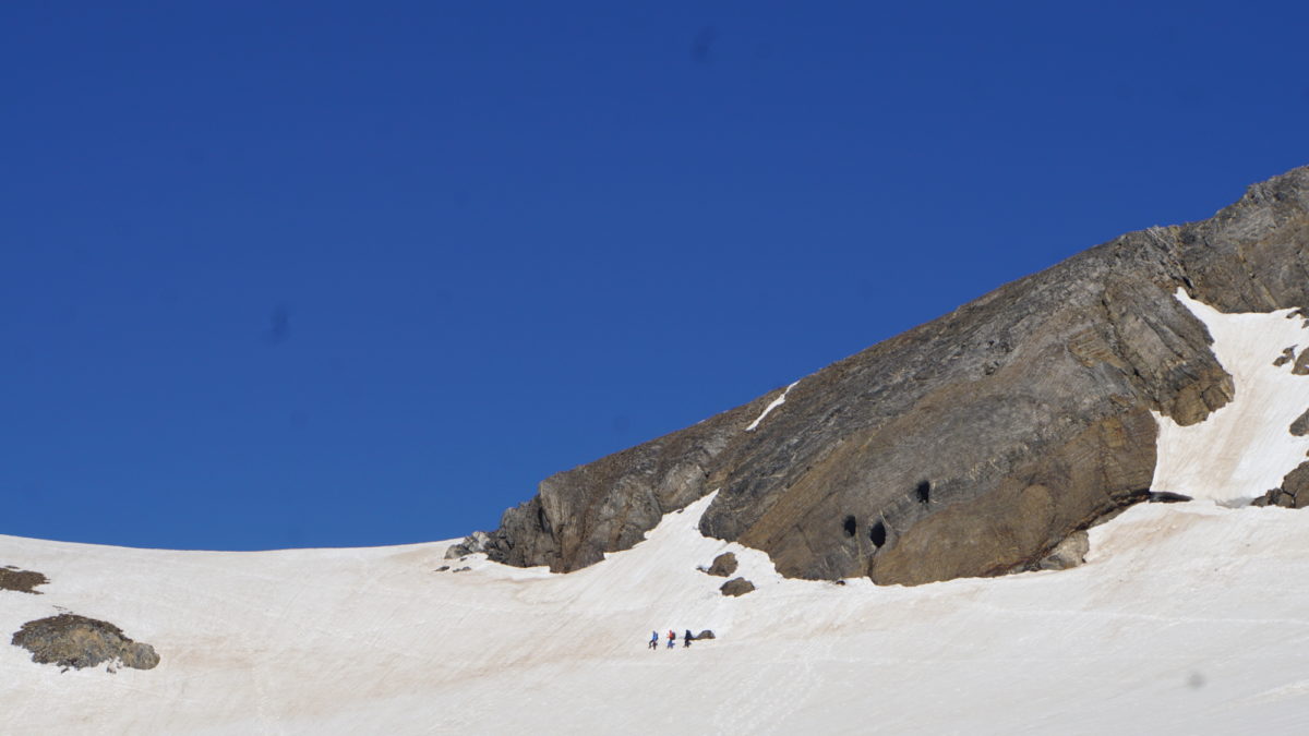 The three Russell caves at the upper end of the Ossoue glacier