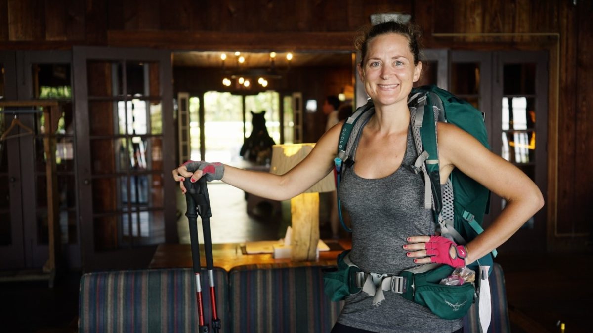 Striking a thru-hiker's pose on the Appalachian Trail in 2017
