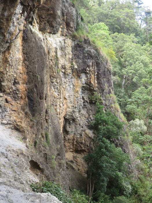 The rock overhang at Kweebani, showing the complex volcanic geology above the rock shelter used by the Wangerriburra people