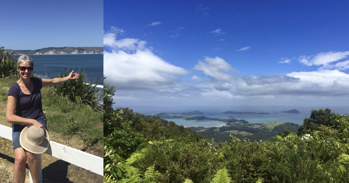 Caroline pointing out the view in New Zealand