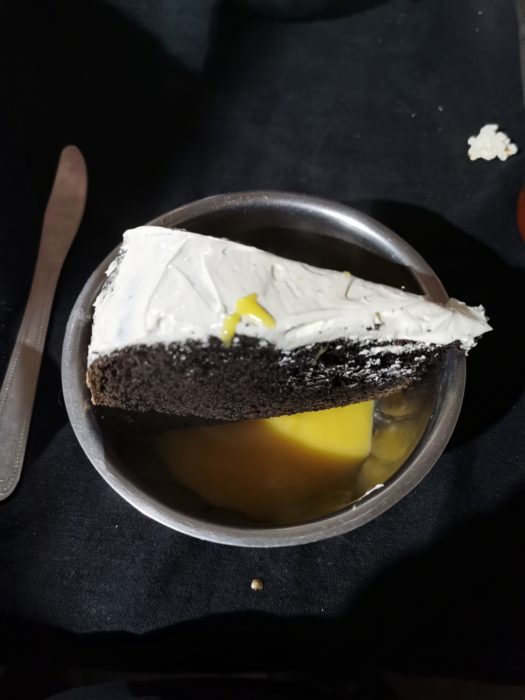 Cake and custard, cooked (somehow) over a campfire