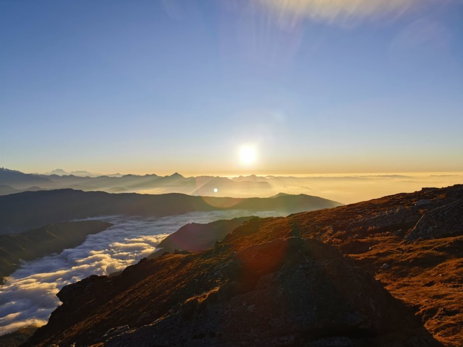 The sun coming up over the Himalaya