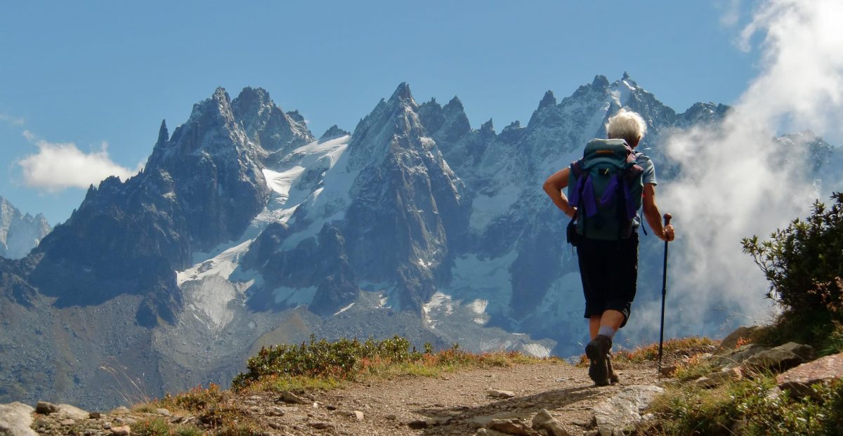 Walker on the TMB above the Chamonix valley