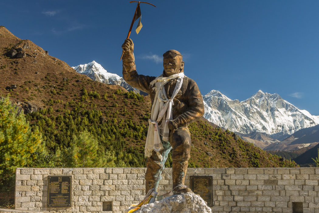 Statue Of Tenzing Norgay With Behind Mount Everest And Lhotse Just Right Of It And Taboche Peak To The Left Sagarmatha National Park Unesco World Heritage Site