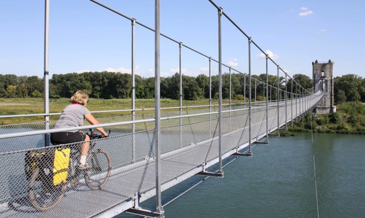 At Rochemaure The Cycle Route Crosses The Rhone By A Reinstated Hinalayan Style Suspension Bridge