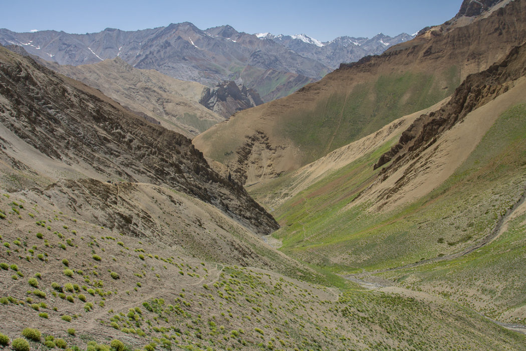 The valley between the Barmi pass and Lingshed Sumdo. You follow traverses across beautiful meadows. Zanskar Mountains all around.