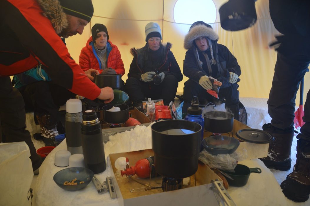 A communal (bigger) tent brings everyone together to exchange experiences and ideas. Humour is usually served along with hot drinks and basic, but oh-so welcome food to keep our internal fire going.