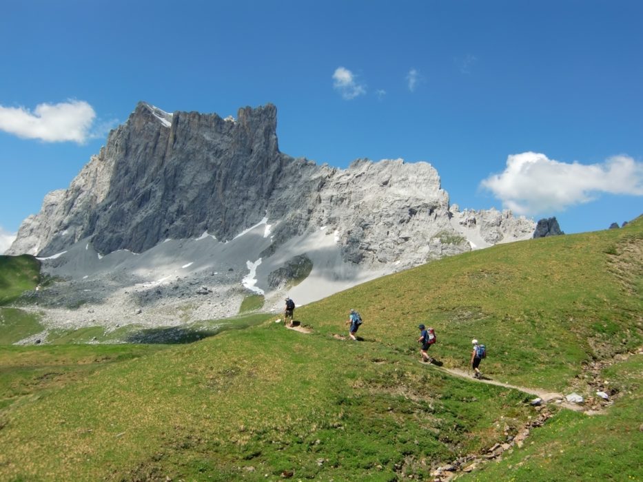 The Drusenfluh dominates the scene on departing the Carschina Hut